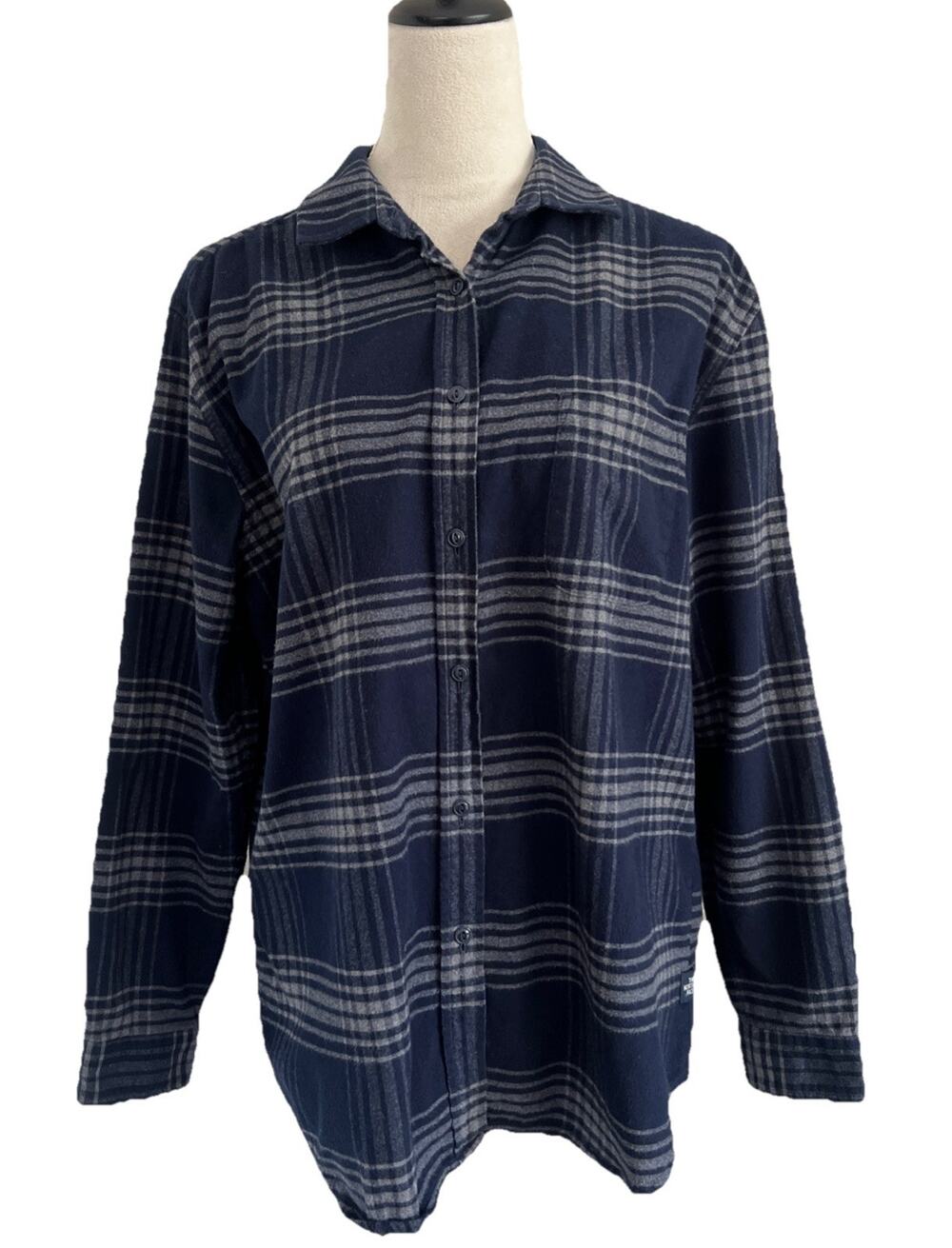 The North Face Blue Plaid Shirt Womens Lg Button Up Flannel 100% Cotton Outdoors